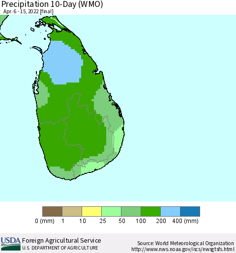 Sri Lanka Precipitation 10-Day (WMO) Thematic Map For 4/6/2022 - 4/15/2022