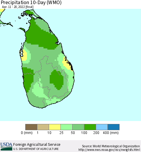 Sri Lanka Precipitation 10-Day (WMO) Thematic Map For 4/11/2022 - 4/20/2022