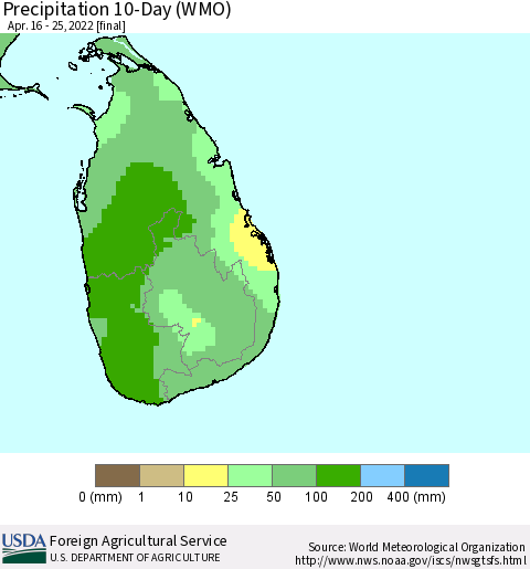 Sri Lanka Precipitation 10-Day (WMO) Thematic Map For 4/16/2022 - 4/25/2022