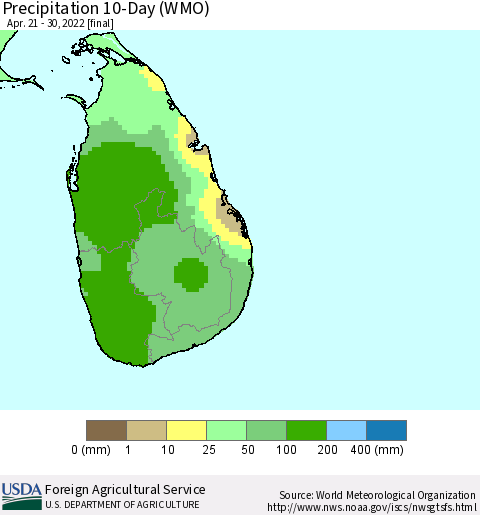 Sri Lanka Precipitation 10-Day (WMO) Thematic Map For 4/21/2022 - 4/30/2022