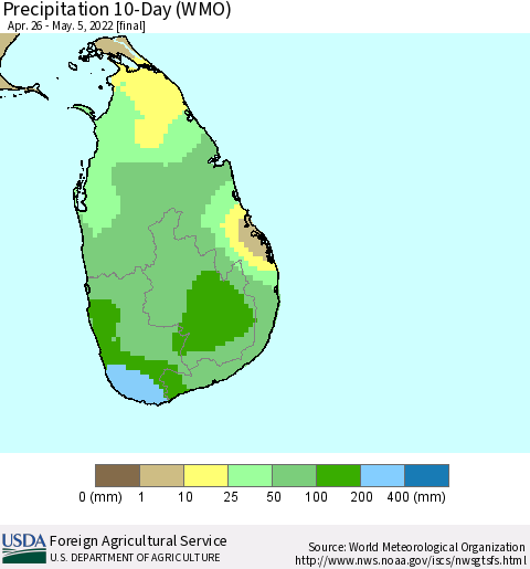 Sri Lanka Precipitation 10-Day (WMO) Thematic Map For 4/26/2022 - 5/5/2022