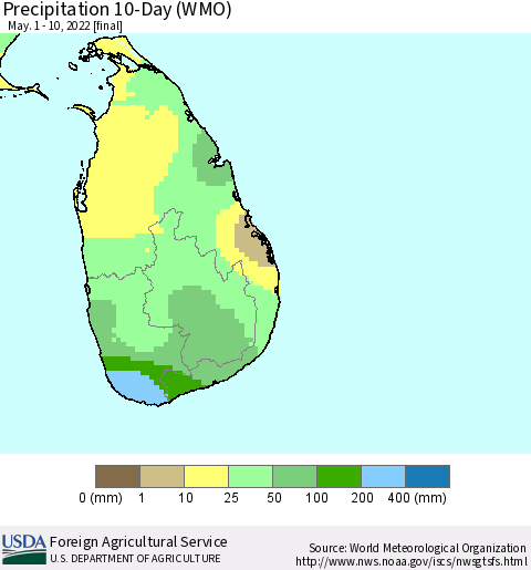 Sri Lanka Precipitation 10-Day (WMO) Thematic Map For 5/1/2022 - 5/10/2022