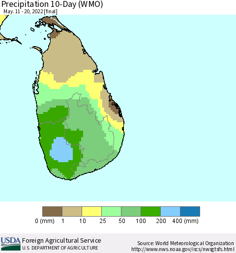 Sri Lanka Precipitation 10-Day (WMO) Thematic Map For 5/11/2022 - 5/20/2022