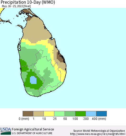 Sri Lanka Precipitation 10-Day (WMO) Thematic Map For 5/16/2022 - 5/25/2022