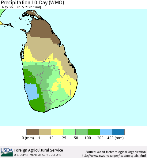 Sri Lanka Precipitation 10-Day (WMO) Thematic Map For 5/26/2022 - 6/5/2022