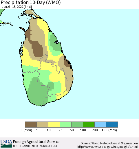 Sri Lanka Precipitation 10-Day (WMO) Thematic Map For 6/6/2022 - 6/15/2022
