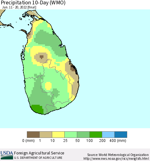 Sri Lanka Precipitation 10-Day (WMO) Thematic Map For 6/11/2022 - 6/20/2022