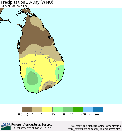 Sri Lanka Precipitation 10-Day (WMO) Thematic Map For 6/21/2022 - 6/30/2022
