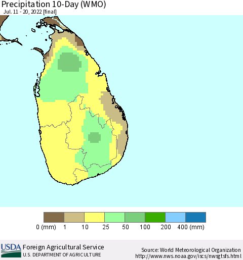 Sri Lanka Precipitation 10-Day (WMO) Thematic Map For 7/11/2022 - 7/20/2022