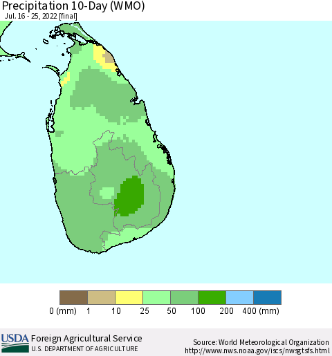 Sri Lanka Precipitation 10-Day (WMO) Thematic Map For 7/16/2022 - 7/25/2022