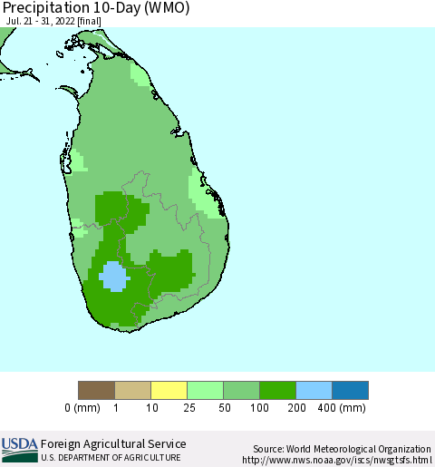 Sri Lanka Precipitation 10-Day (WMO) Thematic Map For 7/21/2022 - 7/31/2022