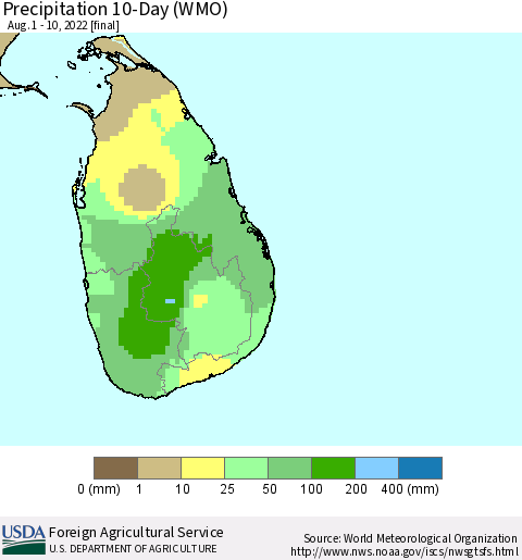 Sri Lanka Precipitation 10-Day (WMO) Thematic Map For 8/1/2022 - 8/10/2022
