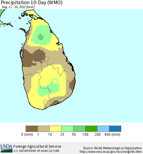 Sri Lanka Precipitation 10-Day (WMO) Thematic Map For 8/11/2022 - 8/20/2022
