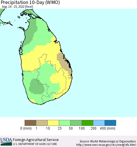 Sri Lanka Precipitation 10-Day (WMO) Thematic Map For 8/16/2022 - 8/25/2022