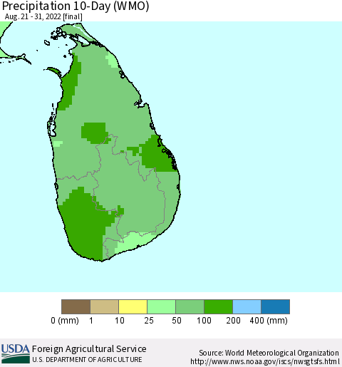 Sri Lanka Precipitation 10-Day (WMO) Thematic Map For 8/21/2022 - 8/31/2022