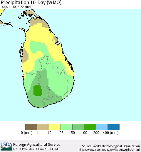 Sri Lanka Precipitation 10-Day (WMO) Thematic Map For 9/1/2022 - 9/10/2022