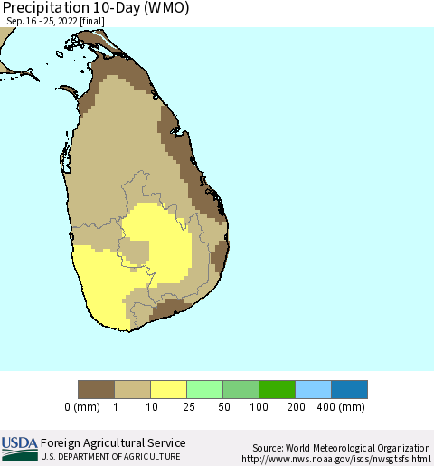 Sri Lanka Precipitation 10-Day (WMO) Thematic Map For 9/16/2022 - 9/25/2022