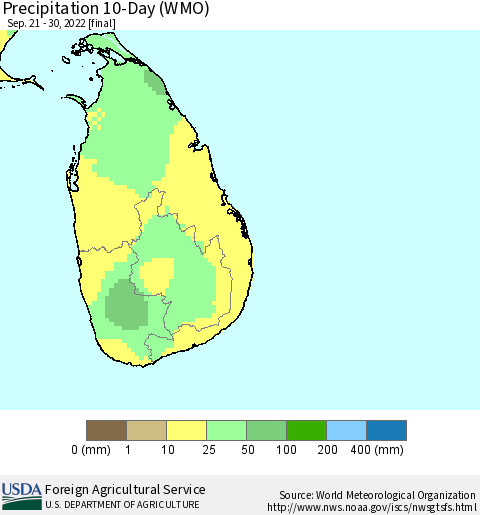 Sri Lanka Precipitation 10-Day (WMO) Thematic Map For 9/21/2022 - 9/30/2022