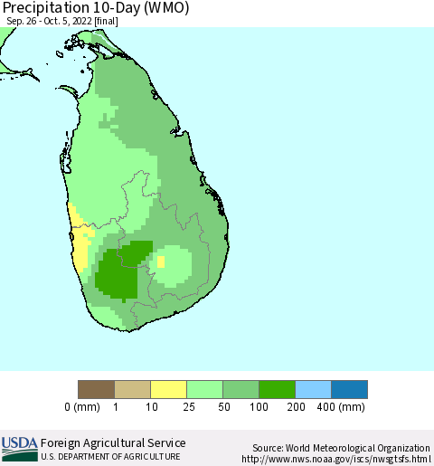 Sri Lanka Precipitation 10-Day (WMO) Thematic Map For 9/26/2022 - 10/5/2022
