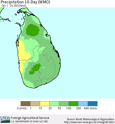 Sri Lanka Precipitation 10-Day (WMO) Thematic Map For 10/1/2022 - 10/10/2022