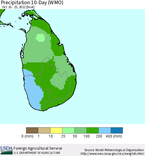 Sri Lanka Precipitation 10-Day (WMO) Thematic Map For 10/16/2022 - 10/25/2022