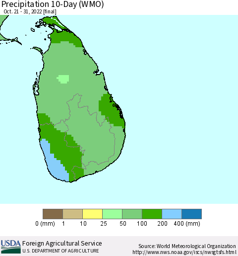 Sri Lanka Precipitation 10-Day (WMO) Thematic Map For 10/21/2022 - 10/31/2022