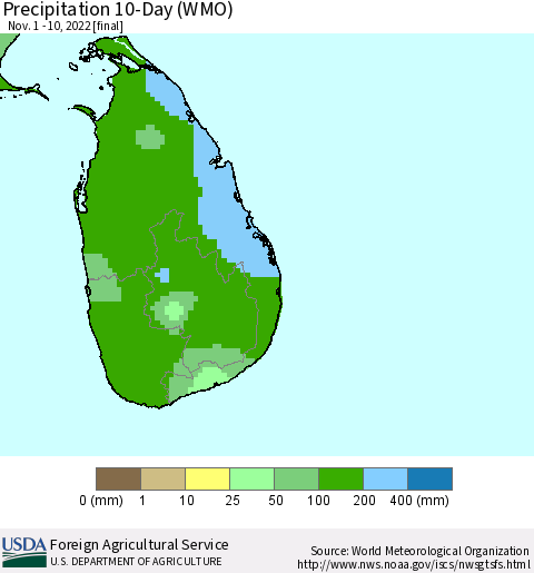 Sri Lanka Precipitation 10-Day (WMO) Thematic Map For 11/1/2022 - 11/10/2022