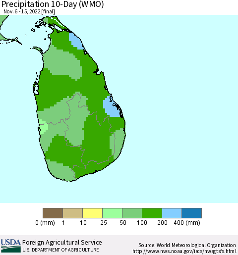 Sri Lanka Precipitation 10-Day (WMO) Thematic Map For 11/6/2022 - 11/15/2022