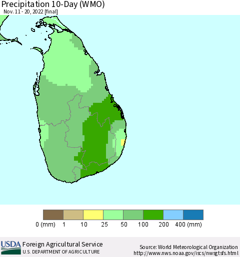 Sri Lanka Precipitation 10-Day (WMO) Thematic Map For 11/11/2022 - 11/20/2022
