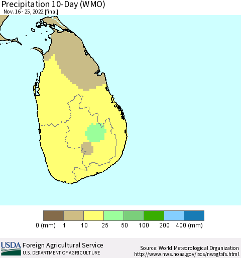 Sri Lanka Precipitation 10-Day (WMO) Thematic Map For 11/16/2022 - 11/25/2022