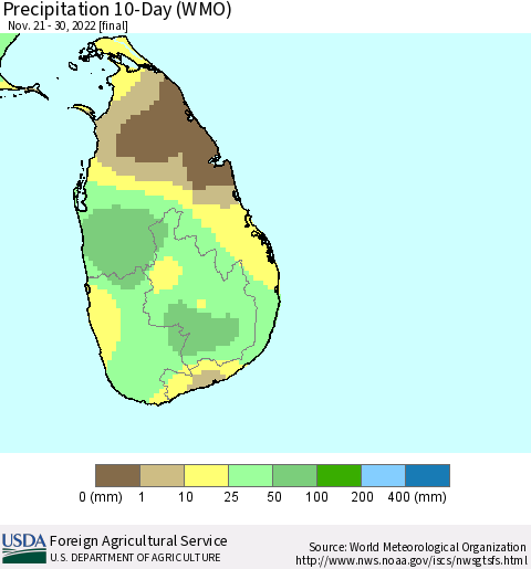 Sri Lanka Precipitation 10-Day (WMO) Thematic Map For 11/21/2022 - 11/30/2022