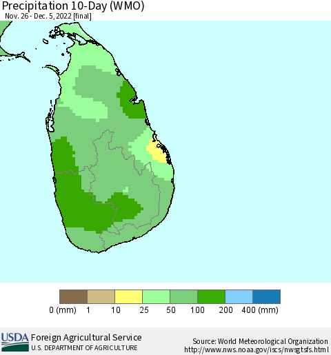 Sri Lanka Precipitation 10-Day (WMO) Thematic Map For 11/26/2022 - 12/5/2022