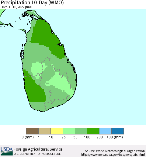 Sri Lanka Precipitation 10-Day (WMO) Thematic Map For 12/1/2022 - 12/10/2022