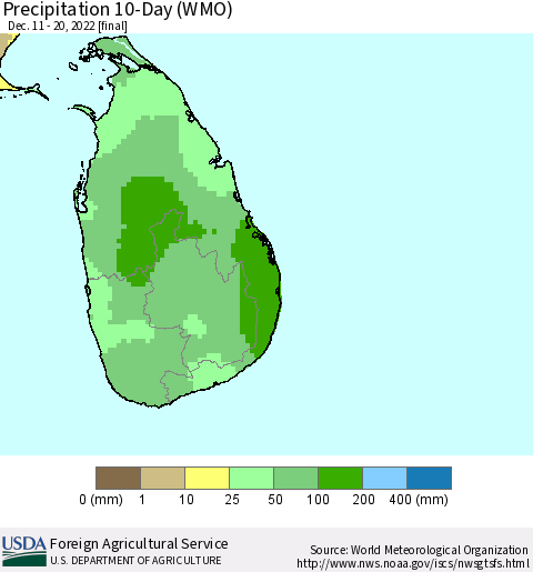 Sri Lanka Precipitation 10-Day (WMO) Thematic Map For 12/11/2022 - 12/20/2022