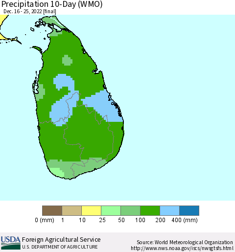 Sri Lanka Precipitation 10-Day (WMO) Thematic Map For 12/16/2022 - 12/25/2022