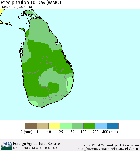 Sri Lanka Precipitation 10-Day (WMO) Thematic Map For 12/21/2022 - 12/31/2022