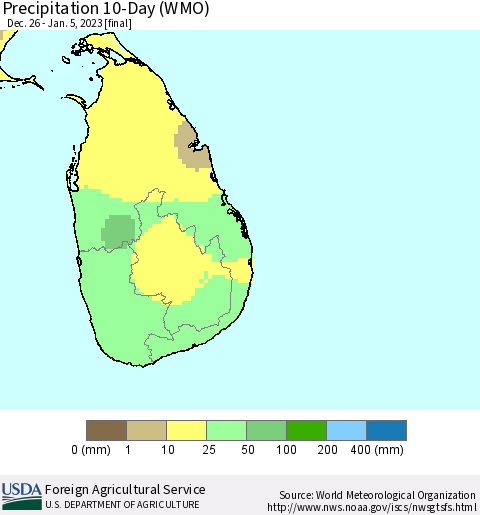 Sri Lanka Precipitation 10-Day (WMO) Thematic Map For 12/26/2022 - 1/5/2023