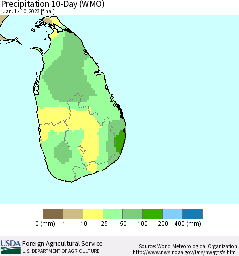 Sri Lanka Precipitation 10-Day (WMO) Thematic Map For 1/1/2023 - 1/10/2023