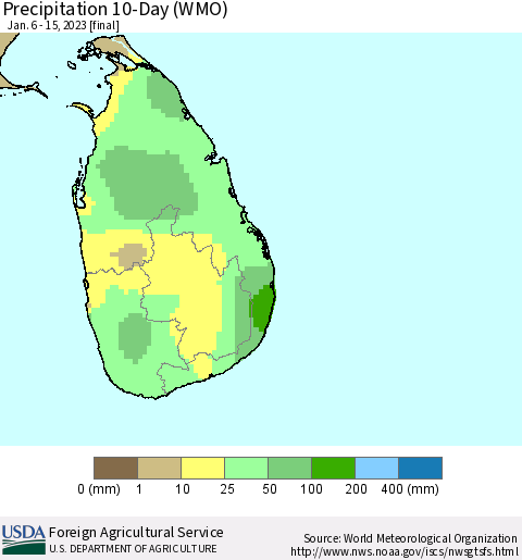 Sri Lanka Precipitation 10-Day (WMO) Thematic Map For 1/6/2023 - 1/15/2023