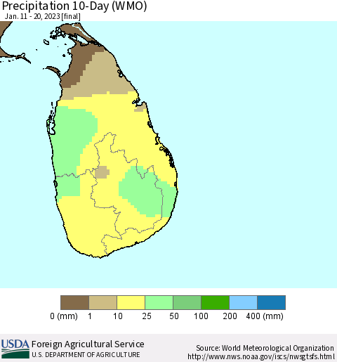 Sri Lanka Precipitation 10-Day (WMO) Thematic Map For 1/11/2023 - 1/20/2023