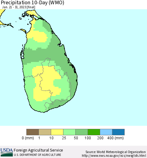 Sri Lanka Precipitation 10-Day (WMO) Thematic Map For 1/21/2023 - 1/31/2023