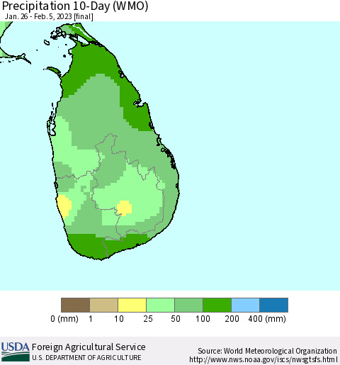 Sri Lanka Precipitation 10-Day (WMO) Thematic Map For 1/26/2023 - 2/5/2023