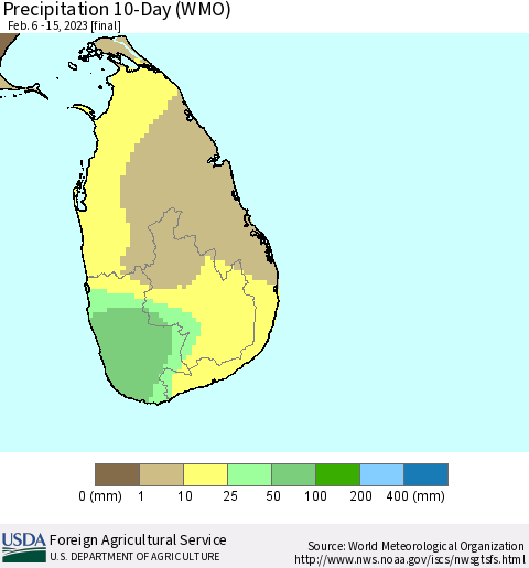Sri Lanka Precipitation 10-Day (WMO) Thematic Map For 2/6/2023 - 2/15/2023