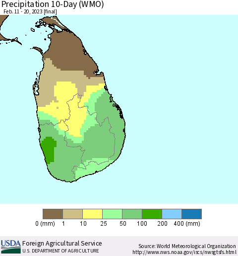Sri Lanka Precipitation 10-Day (WMO) Thematic Map For 2/11/2023 - 2/20/2023