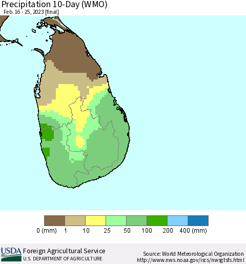 Sri Lanka Precipitation 10-Day (WMO) Thematic Map For 2/16/2023 - 2/25/2023