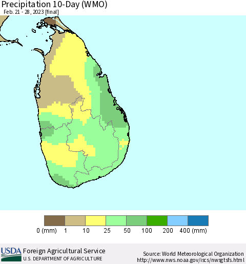 Sri Lanka Precipitation 10-Day (WMO) Thematic Map For 2/21/2023 - 2/28/2023