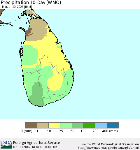 Sri Lanka Precipitation 10-Day (WMO) Thematic Map For 3/1/2023 - 3/10/2023