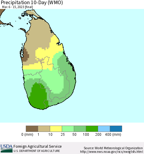 Sri Lanka Precipitation 10-Day (WMO) Thematic Map For 3/6/2023 - 3/15/2023