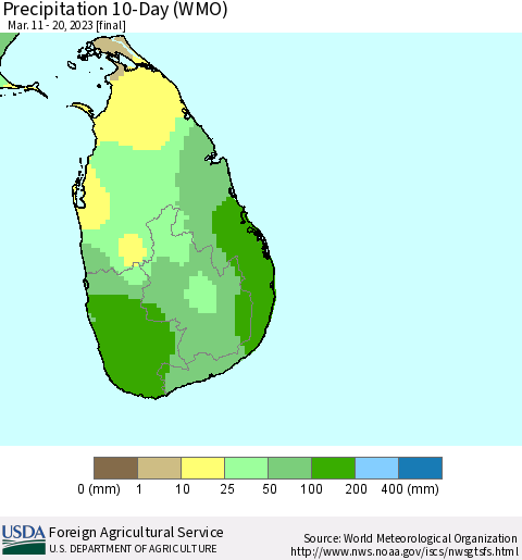 Sri Lanka Precipitation 10-Day (WMO) Thematic Map For 3/11/2023 - 3/20/2023