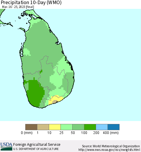 Sri Lanka Precipitation 10-Day (WMO) Thematic Map For 3/16/2023 - 3/25/2023